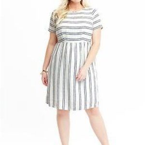 ivory + navy striped linen blend dress